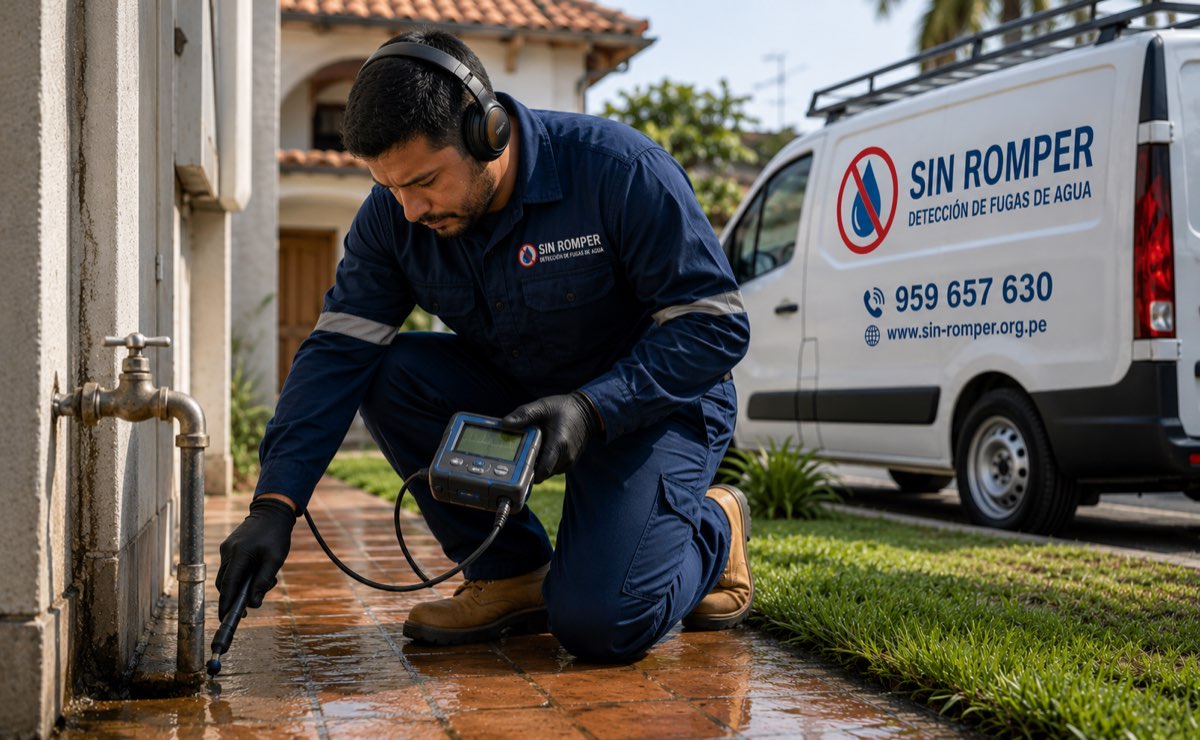 Técnico de Gasfiteros Sin Romper localizando una fuga de agua con geófono, sin romper el piso